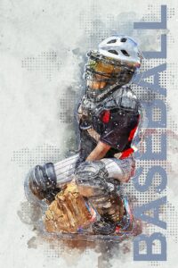 Graphic image of a baseball catcher and the word baseball, pixabay