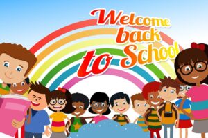 Back to school cartoon image with kids and rainbow, pixabay